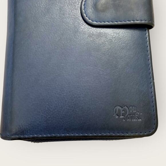 Mou Meraki RFID Leather Bifold Zippered Wallet Passport Creditcards Navy 8"X4.5" - Picture 5 of 12
